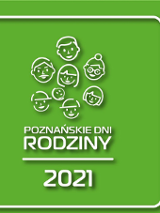 Na zielonym tle napis "Poznańskie Dni Rodziny 2021". Nad napisem wymalowane kontury ośmiu główek dzieci.