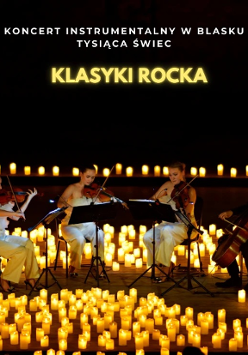 Baner promujący wydarzenie. Nazwa wydarzenia. W tle świece oraz kwartet muzyków na scenie.