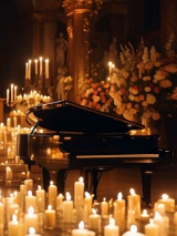Baner promujący wydarzenie. Nazwa wydarzenia. W tle fortepian i świece.