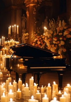 Baner promujący wydarzenie. Nazwa wydarzenia. W tle fortepian i świece.