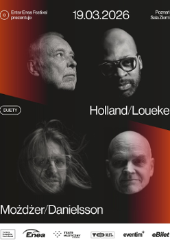 Baner z nazwą wydarzenia, zdjęciami osób srtystycznych w sytuacjach scenicznych.