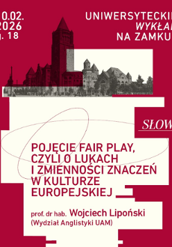 Grafika. Na ciemnoróżowym tle duża biała apla z tytułem wykładu: "Pojęcie fair play, czyli o lukach i zmienności znaczeń w kulturze europejskiej" oraz nazwiskiem prowadzącego wykład. Nad aplą czarno-białe historyczne zdjęcie Zamku w miniaturze. Obok zdjęcia data i godzina wydarzenia oraz napis: Uniwersyteckie Wykłady na Zamku.