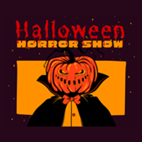 grafiak przedstawia górną częśc postaci w płaszczu, z dynią zamiast głowy, powyżej napis Halloween Horror Show