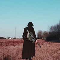 Foto. Kobieta z gitarą idzie przez pole.