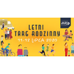 Na żółtym tle czarne i białe litery. Dookoła rysunki rodzin. W prawym górnym rogu logo czarne MTP.