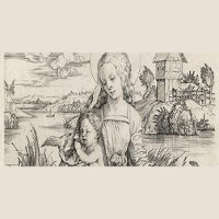 Jedna z grafik Dürera, przedstawiająca kobietę z małym chłopcem trzymającym w dłoni mewę - prawdopodobnie jest to Matka Boska z Dzieciątkiem Jezus
