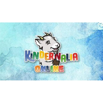 Na środku głowa wesołego koziołka w chmurach. Niżej kolorowy napis: Kindernalia online.