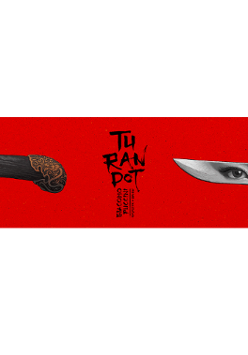 na czerwonym tle po lewej stronie rękojeść szabli z fragmentem ostrza, po prawej końcówka ostrza z wodoczną parą oczu na ostrzu. Pośrodku informacje o operze.