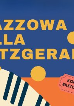 Żółty napis "Jazzowa Ella Fitzgerald" na granatowo-pomarańczowym tle. W lewym dolnym rogu fragment klawiatury pianina.
