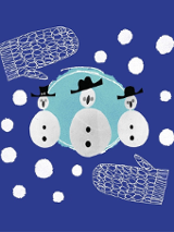 Grafika na granatowym tle przedstawiająca trzy postaci - bałwanki, umieszczone w centralnym, turkusowym okręgu. Wokół widoczne są białe kropki przypominające śnieg oraz ilustracje jednopalczastych rękawiczek.