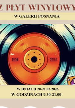 Plakat kiermaszu płyt winylowych i CD w Galerii Posnania. Na grafice płyta winylowa, dookoła abstrakcyjne wzory.