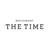 Napis Restaurant The Time w kolorze czarnym na białym tle.