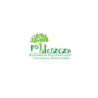 Napis "po deszczu" z podpisem "Pracownia Psychoterapii i Rozwoju Osobistego"; między słowami zielony ludzik trzymający wysoko uniesione liście.