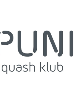 Logotyp 11 punkt Squash - na białym tle czarny napis 11 punkt squash klub z niebieskimi elementami