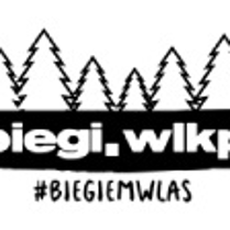 Logotyp Biegi Wlkp.- czarny logotyp z nazwą i biegu i symbolem choinek ponad nim