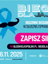 Logotyp Biegu dla Jaj - na niebieskim tle nazwa biegu, termin i link do zapisów, a także wąsy z kokardką niebieską