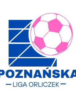 Logotyp Poznańskiej Ligi Orliczek - piłka w różowych kolorach na tle niebieskiej bieżni, a poniżej niebieski tytuł zawodów
