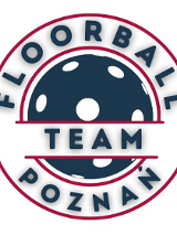 Logotyp Regen Project Floorball Team Poznań - w środku granatowa piłka do unihokeja, a także granatowy napis TEAM, wokół różowe obramowanie, a także granatowy napis Floorball Poznań