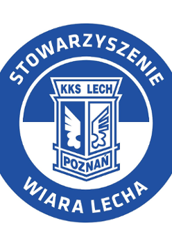 Logotyp Wiary Lecha Poznań - herb Lecha Poznań wpisany jest w niebiesko-białe koło, a dookoła na niebieskim obramowaniu biały napis Stowarzyszenie Wiara Lecha