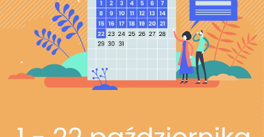 Grafika przedstawia logo Poznańskiego Budżetu Obywatelskiego oraz rysunek kalendarza z zaznaczoną datą 22 października. Obok widać rysunek dwójki ludzi wskazujących na kalendarz. Na dole grafika znajduje się data "1- 22 października".