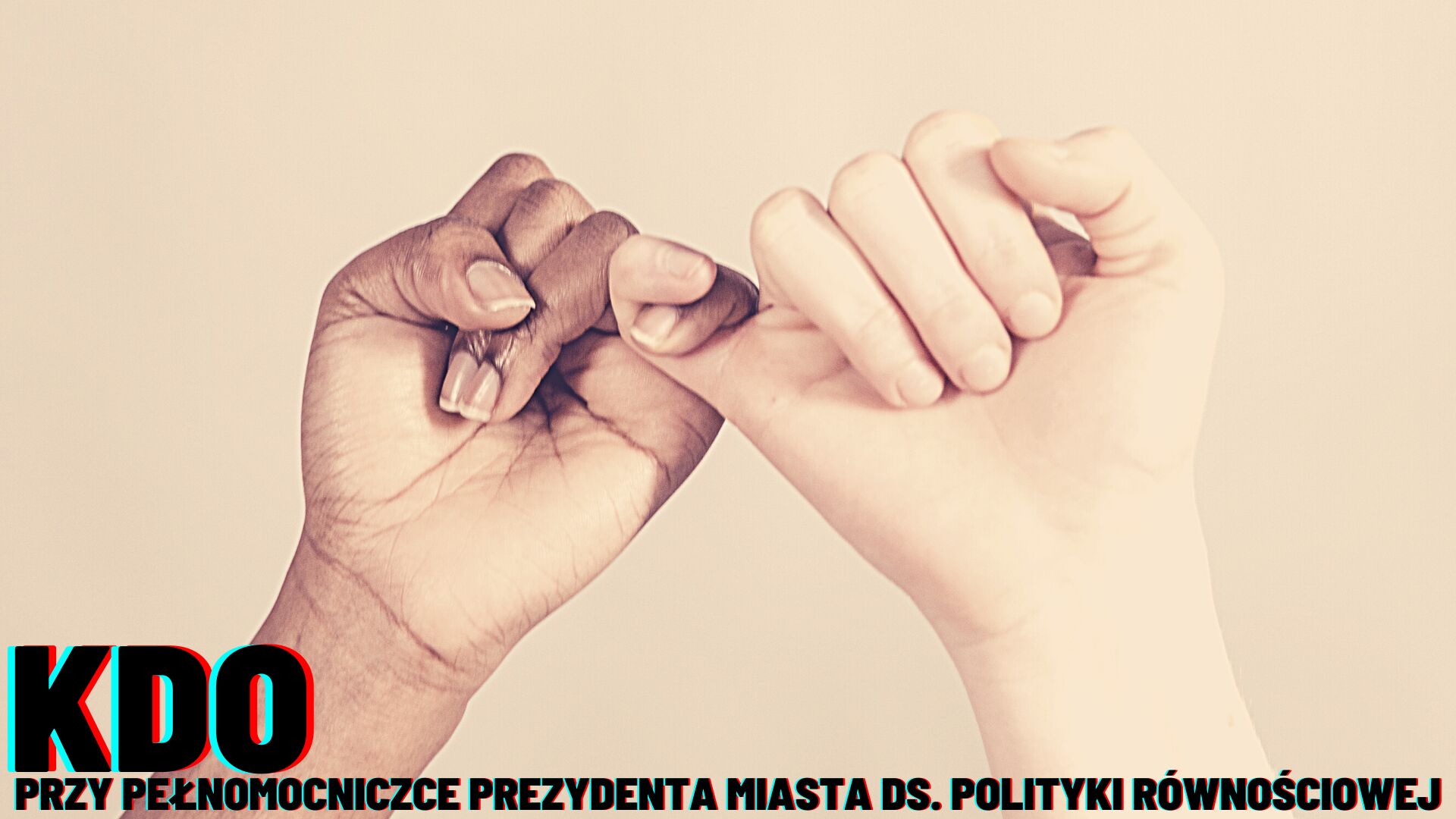 grafika ilustrująca: dwie dłonie o różnych odcieniach skóry trzymające się za małe palce, w dole napis "KDO przy Pełnomocniczce Prezydenta Miasta ds. polityki równościowej" - grafika artykułu