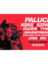 Plakat: czerwone tło, po lewej foto wykonawców po prawej białe napisy
