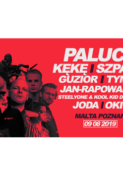 Plakat: czerwone tło, po lewej foto wykonawców po prawej białe napisy