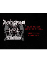 Czaszka, białe i czerwone napisy na czarnym tle