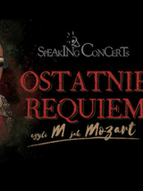 Zdjęcie Mozarta, czerwone napisy na czarnym tle