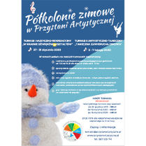 Plakat wydarzenia: Bałwan w czapce i szaliku. Na górze małe: klucz wiolinowy i baletnica.