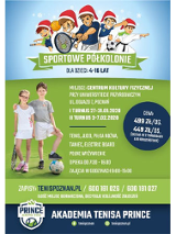 Plakat wydarzenia: z lewej chłopiec z dziewczynką z piłką i rakieta tenisową, na górze dzieci w czapkach Mikołaja z rakietą tenisową, w stroju judo, z piłką nożną i siatkową. na środku plakatu napisy.