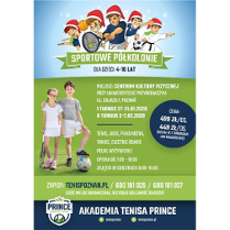 Plakat wydarzenia: z lewej chłopiec z dziewczynką z piłką i rakieta tenisową, na górze dzieci w czapkach Mikołaja z rakietą tenisową, w stroju judo, z piłką nożną i siatkową. na środku plakatu napisy.