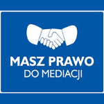 Plakat wydarzenia - uściśnięte dłonie na niebieskim tle, biały napis