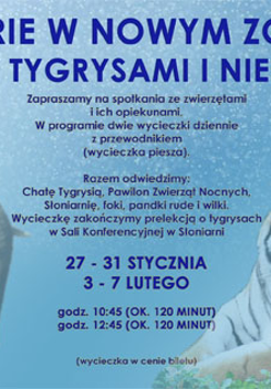 Plakat wydarzenia: Na niebieskim tle: po lewej - słoń, po prawej - tygrys, w środku tekst.