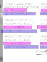 Po prawej szare zdjęcie, cykl, organizator wydarzenia. Po prawej szczegółowy program w różowych i fioletowych ramkach.