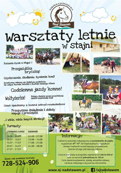 Na niebieskim tle zdjęcia dzieci z końmi, grupowe dzieci oraz napisy. Na dole napisy na zielonym tle.