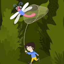 Plakat wydarzenia - chłopiec z latawcem na zielonym tle, napis "lato małych przyrodników"