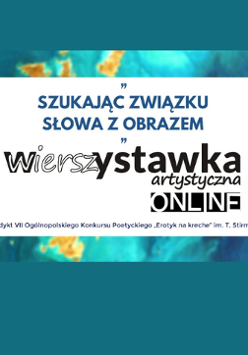 W środku biały kwadrat, wewnątrz niego granatowe i czarne napisy (tytuł wydarzenia), turkusowe tło