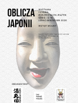 Na plakacie widać japońską maskę oraz informacje o miejscu, terminie i czasie trwania wystawy.