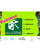Plansza do gry. Na środku zielone pole z dużą kostką i tytułem akcji. Pod spodem logo: PCŚ, Centrum Inicjatyw Rodzinnych, Centrum Promocji Ekorozwoju, Poznańskich dni Rodziny, Poznania,