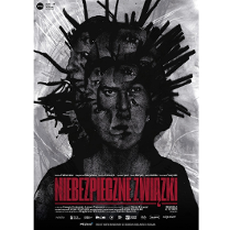 Na biało-szarym tle widoczne ciemne, nakładające się na siebie twarze. W dolnej części plakatu informacje o spektaklu.