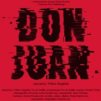 Na czerwonum tle czarny niewyraźny tytuł i informacje o spektaklu.