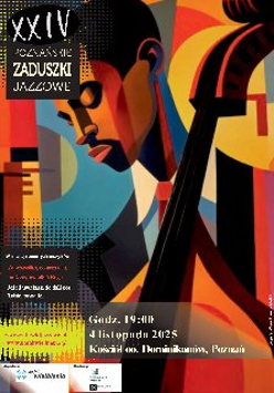 Abstrakcyjna, kolorowa ilustracja przedstawiająca muzyka grającego na kontrabasie. Obraz nawiązuje do kubizmu, z geometrycznymi kształtami i żywymi kolorami. W górnym lewym rogu znajduje się napis "Zaduszki Jazzowe". Ponadto na plakacie zawarte są szczegółowe informacje na temat wydarzenia uwzględnione w treści artykułu.