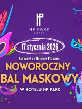 Fioletowe tło z kolorowymi piórami, serpentynami i maskami karnawałowymi. Na środku logo HP Park Hotel oraz informacje na temat wydarzenia zawarte w treści artykułu.