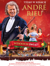 Świąteczny plakat. Na pierwszym planie André Rieu. Obok śpiewaczki na czerwonym tle z motywami świątecznymi. Na dole wstęga z napisem "Wesołych Świąt". Poniżej zdjęcie muzyków na scenie.