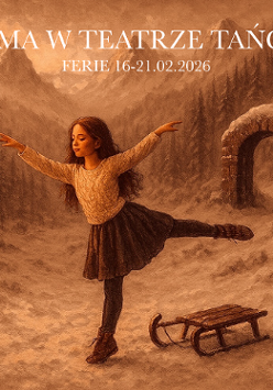 Rysunek w ciepłych beżowych kolorach, przedstawiający dziewczynkę w tanecznej pozie na tle zimowego krajobrazu.