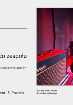 Szare, jednolite tło. Z prawej strony zdjęcie sceny, na której stoją instrumenty - gitara oraz perkusja. Z lewej strony informacje o wydarzeniu i organizatorach, zawarte w treści artykułu.
