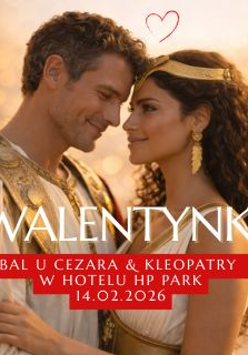 Zdjęcie dwójki osób ubranych w antyczne stroje przypominające stroje Kleopatry i Cezara. Na froncie tytuł wydarzenia oraz informacje zawarte w treści artykułu. W tle rozmyte koła.