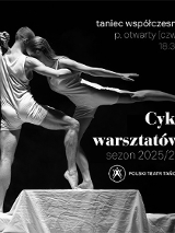 Czarno-białe zdjęcie pary tancerzy w tanecznej pozie i informacja na temat warsztatów.