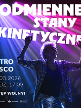 Zdjęcie kobiety w połyskującym stroju, z rękoma uniesionymi do góry, oświetlonej przez niebiesko-fioletowe światło. Z lewej strony informacje o wydarzeniu, na górze plakatu tytuł wydarzenia.